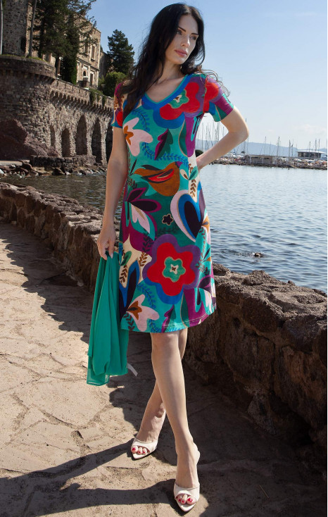 Rochie de vară proaspătă din tricot, cu imprimeu floral pictural &icirc;n culori vibrante