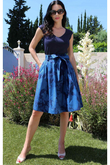 Fustă evazată din bumbac cu efect denim și imprimeu floral [1]