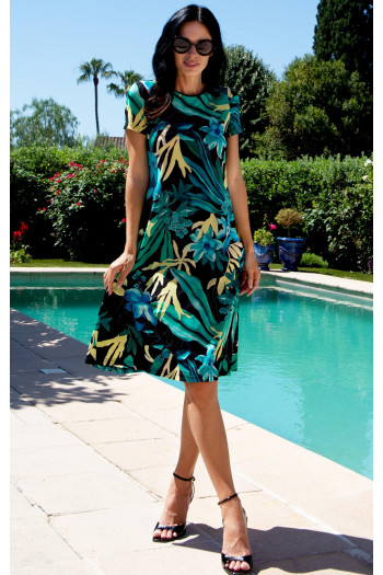 Rochie evazată din jerseu de lux, cu motive tropicale Turquoise Jungle [1]