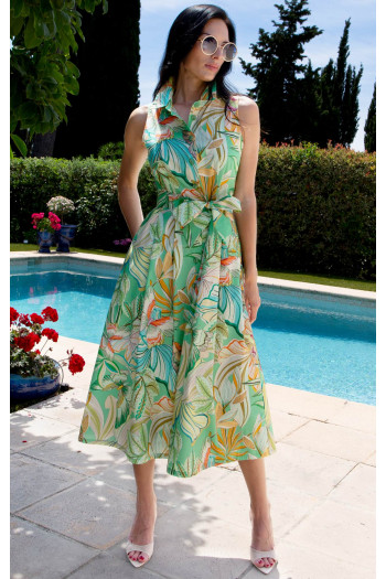 Rochie evazată din bumbac cu imprimeu Mint Garden Dream