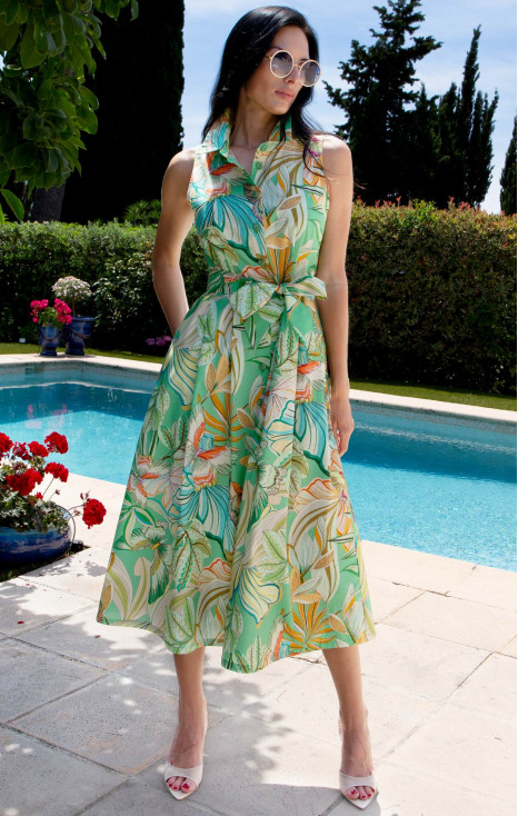 Rochie evazată din bumbac cu imprimeu Mint Garden Dream