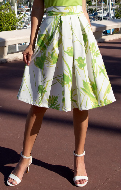 Flared cotton skirt Lime Garden with elegant pleats
