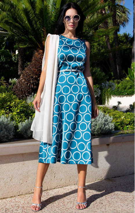 Luxury Flared Dress Petrol Circles in Satin Viscose
