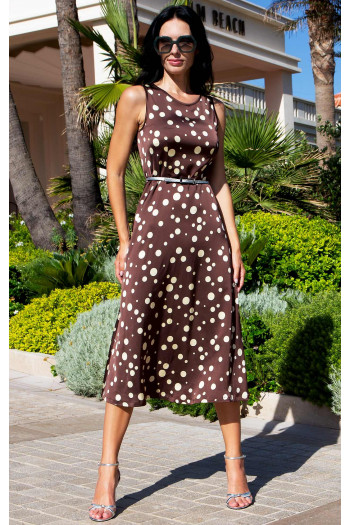 Elegant Flared Dress Chocolate Polka in Luxurious Satin Viscose [1]