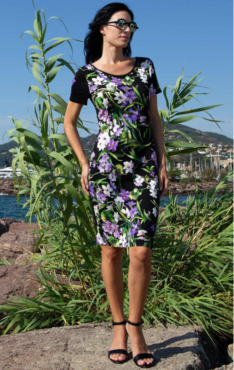 Straight Jersey Dress – Black Violet Flowers