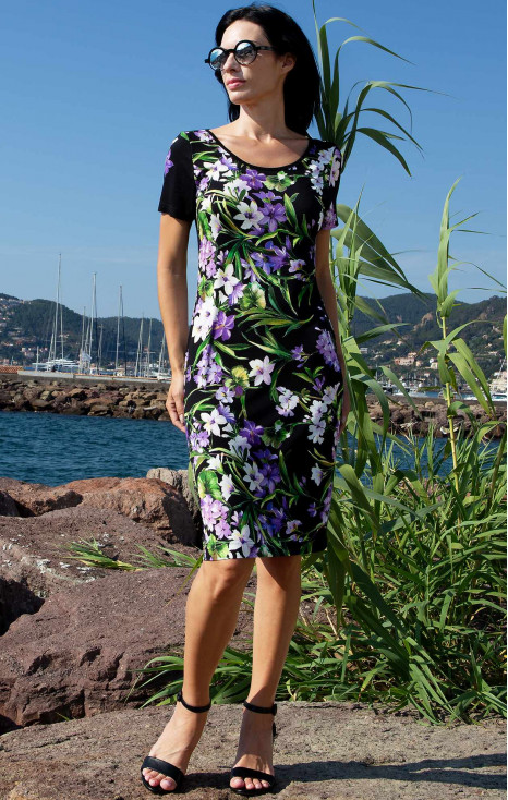 Straight Jersey Dress &ndash; Black Violet Flowers
