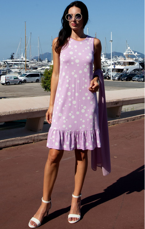 Romantic Short Dress in Luxurious Jersey – Lavender Polka Dots with Flounce Hem