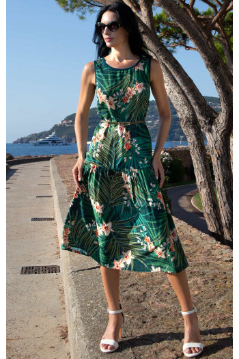 Sleeveless Viscose Midi Dress – Tropical Green Garden