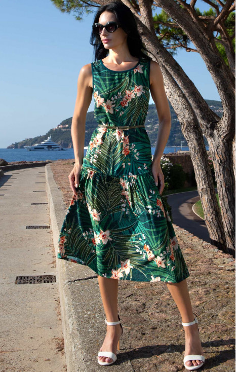 Sleeveless Viscose Midi Dress – Tropical Green Garden
