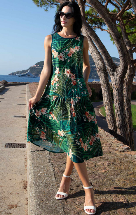 Sleeveless Viscose Midi Dress – Tropical Green Garden [1]