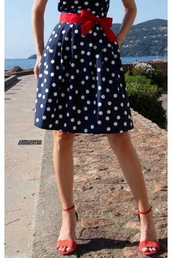 Flared Cotton Skirt – Navy Polka Dots