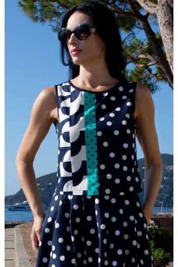 Cotton Sleeveless Top – Navy & Graphic Polka