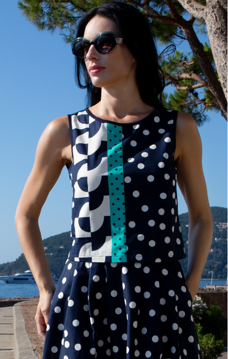 Cotton Sleeveless Top &ndash; Navy &amp; Graphic Polka
