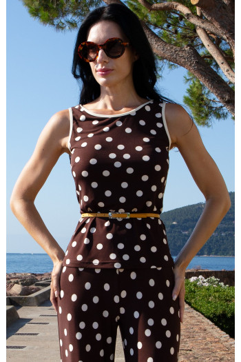 Stretch Jersey Sleeveless Top – Chocolate & Graphic Polka