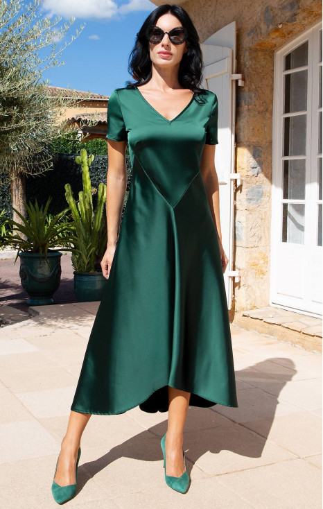Rochie din satin cu tiv asimetric &icirc;n nuanța Emerald Green