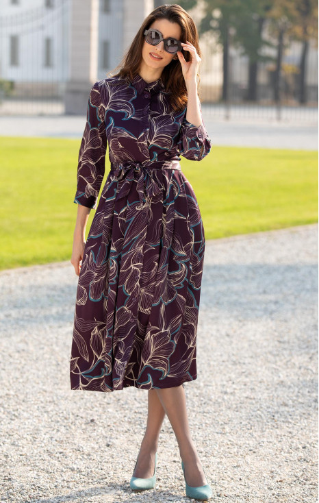 Plum Floral Elegance Satin Viscose Shirt Dress