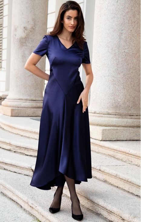 Rochie din satin Midnight Blue cu tiv asimetric