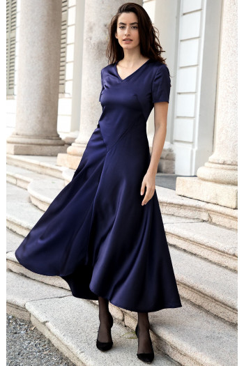Rochie din satin Midnight Blue cu tiv asimetric