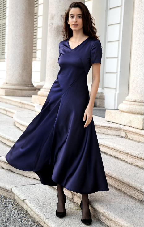 Rochie din satin Midnight Blue cu tiv asimetric