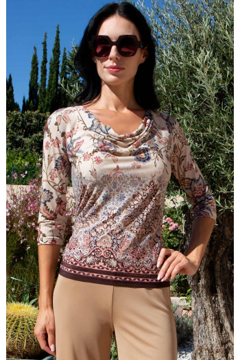 Bluză din tricot moale, cu decolteu drapat și imprimeu Vintage Bloom Beige