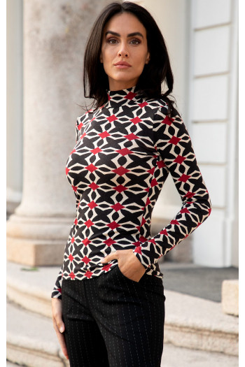Bluză polo cambrată din tricot fin cu imprimeu Retro Mosaic