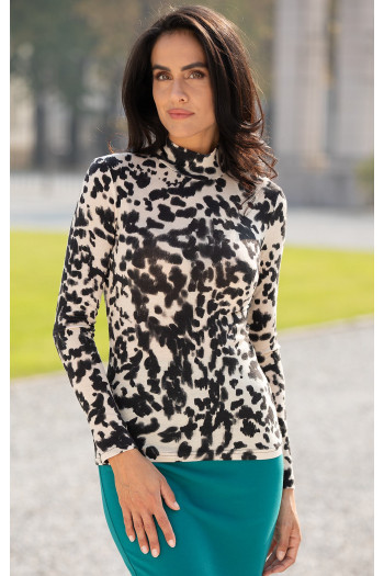 Bluză polo cambrată din tricot fin cu imprimeu Snow Leopard
