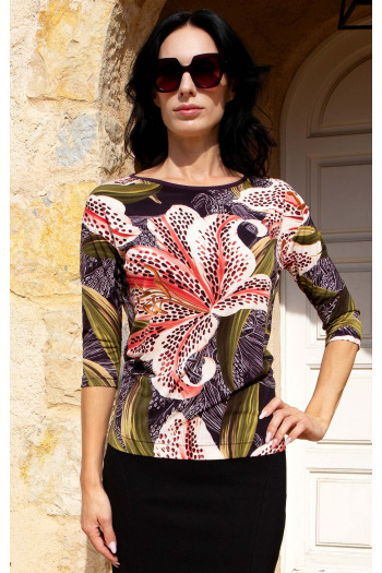 Bluză din tricot moale cu imprimeu Exotic Lily Burgundy