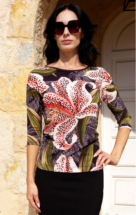 Bluză din tricot moale cu imprimeu Exotic Lily Burgundy