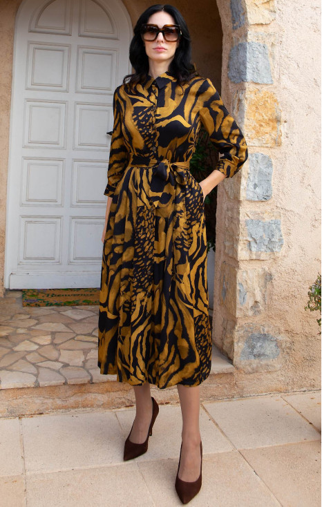 Rochie midi din v&acirc;scoză satinată cu imprimeu Golden Wild