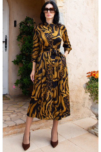Rochie midi din vâscoză satinată cu imprimeu Golden Wild