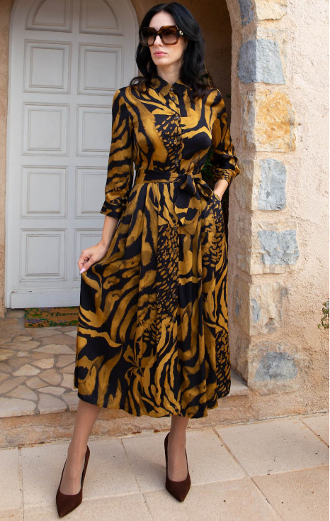 Rochie midi din v&acirc;scoză satinată cu imprimeu Golden Wild