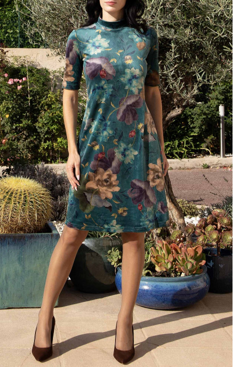 Rochie din catifea cu imprimeu floral Emerald Garden